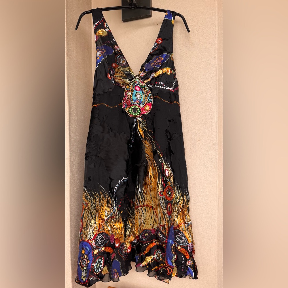 Gizia Designer Dress Silk Blend Black Embroidered Boho Flowy Lined EU 38;US 6(M)